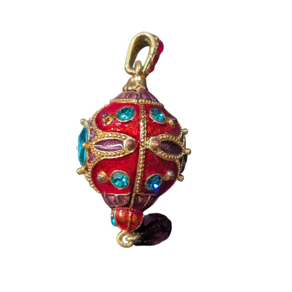 Haskell Enamel Egg Pendant Crystal Purple Teardrop Charm Red Gold‎ Tone Unsigned